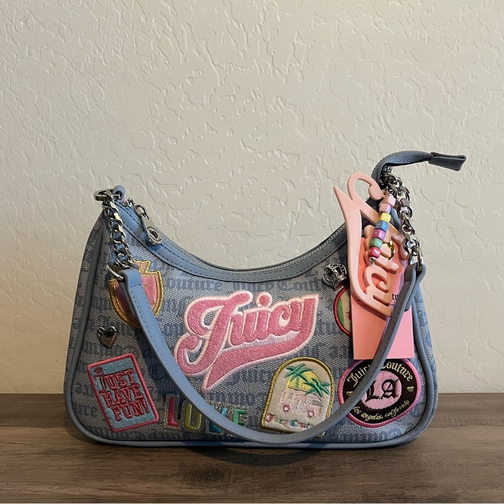 Juicy Couture Blue Denim Logo Patch Shoulder Bag with Pink Trim